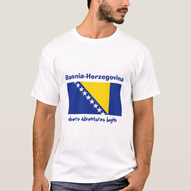 Bosnien Hercegovina Flagga + Karta + Text T-Shirt (Framsida)