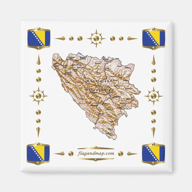 Bosnien och Hercegovina Karta + Flaggor Magnet (Framsidan)