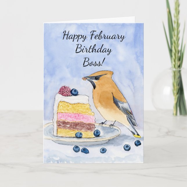 Boss Happy February Birthday Cedar Waxwing Cake Kort (Framsida)