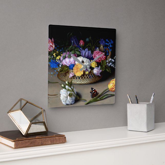 Bosschaert Flower still Life Insekts Dutch Art Fyrkantig Klocka (Kontor)