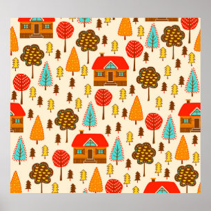 Bostäder Forest Vintage Seamless Mönster Poster