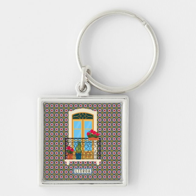 Bostäder i Lissabon med växter och plattor Fyrkantig Silverfärgad Nyckelring (Framsidan)