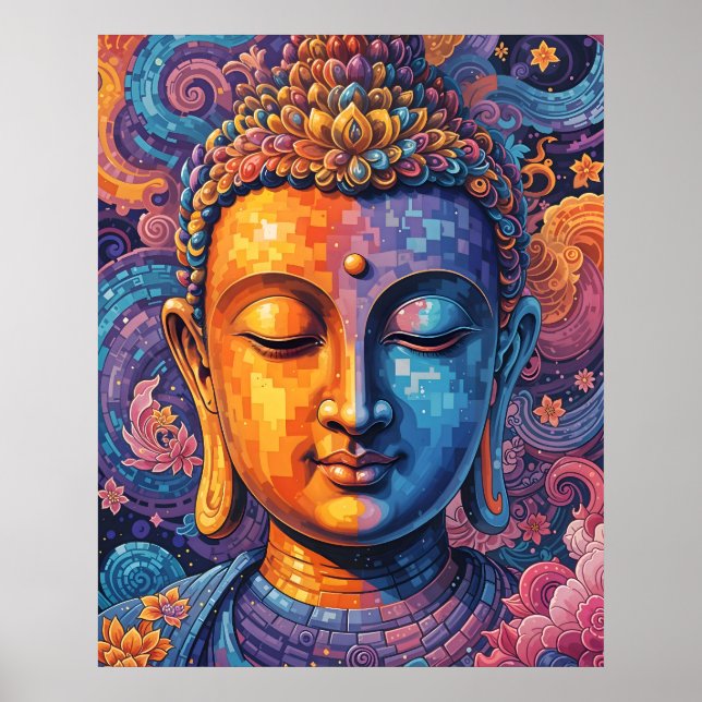 Bostadsfärgad Abstrakt Buddha Pixel Art Poster (Framsidan)