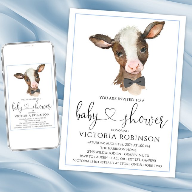 Bostadsgårdsinbjudningar för babyskor inbjudningar (Boy cow baby shower invitation. Instant download and printed invitations available.)