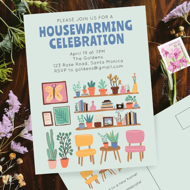 Bostadsuppvärmning Party Inbjudan Cute Living Room (Housewarming Party Invite Cute Living Room Shelves Houseplants Postcard Invitation
)