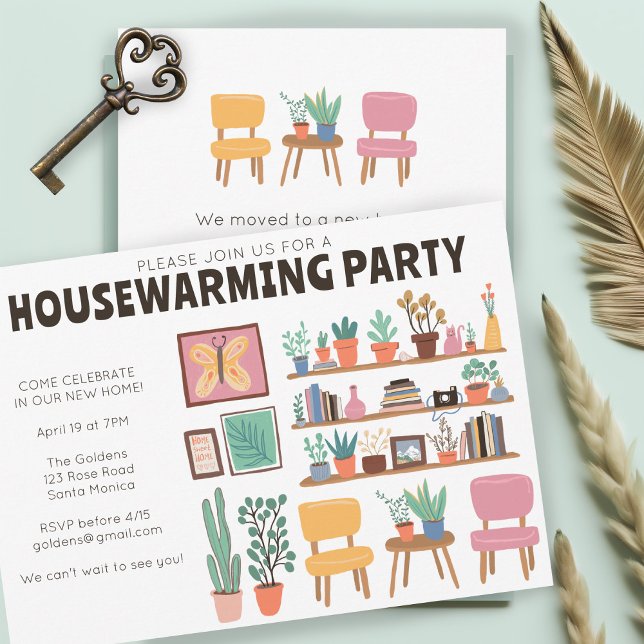 Bostadsuppvärmning Party Inbjudan, Cute Living Rum Inbjudningar (Housewarming Party Invite Cute Living Room Shelves
Invitation Card Illustration ARt)