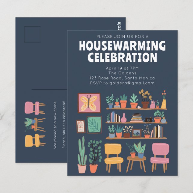 Bostadsuppvärmning Party Inbjudan, Cute Living Rum Vykort (Fram/baksida)