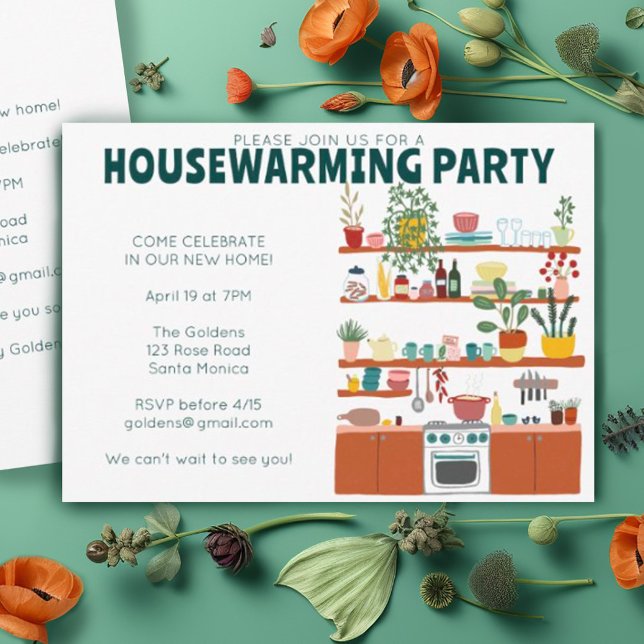 Bostadsuppvärmningspartiets inbjudan Cute Mysigt K (Cute charming whimsical kitchen illustration on these custom housewarming party invitations)