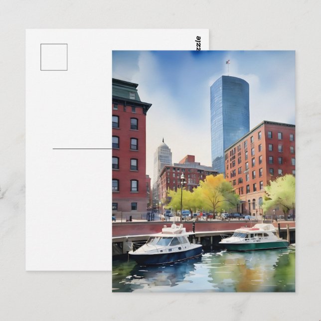 Boston akvarell konst vykort (Fram/baksida)