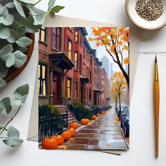 Boston Autumn Brownstones Pumpkin Watercolor Vykort (Skapare uppladdad)