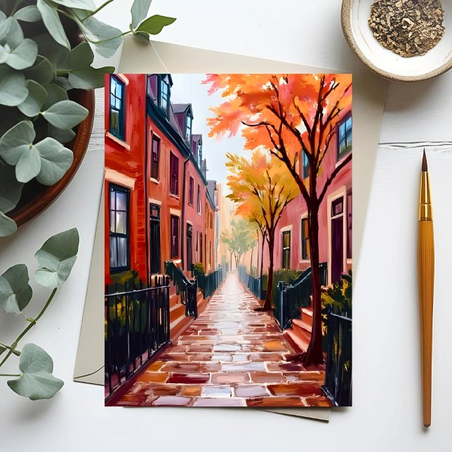 Boston Autumn Watercolor Beacon Backe Massachusett Vykort (Skapare uppladdad)