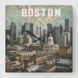 Boston, Boston Massachusetts City Skyline med Kart Fyrkantig Klocka