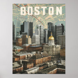 Boston, Boston Massachusetts City Skyline med Kart Poster