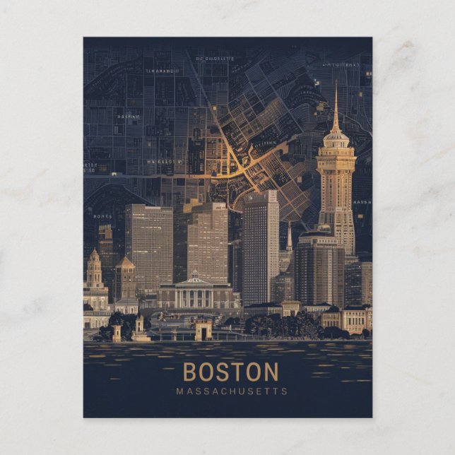 Boston, Boston Massachusetts City Skyline med Kart Vykort (Framsida)