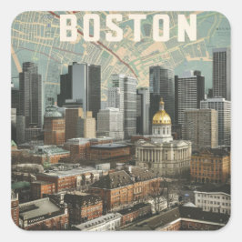 Boston, Boston Massachusetts Stadssiluett Med Kart Fyrkantigt Klistermärke