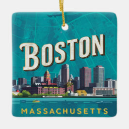 Boston, Boston Massachusetts Stadssiluett Med Kart Julgransprydnad Keramik