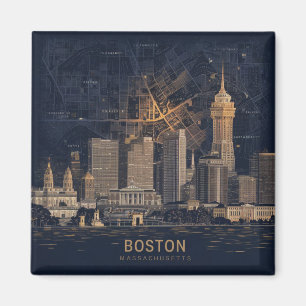 Boston, Boston Massachusetts Stadssiluett Med Kart Magnet