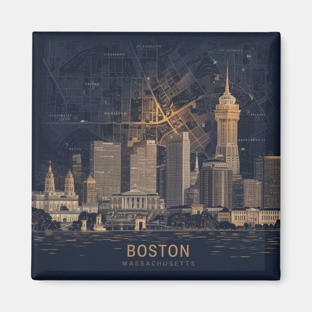 Boston, Boston Massachusetts Stadssiluett Med Kart Magnet (Framsidan)