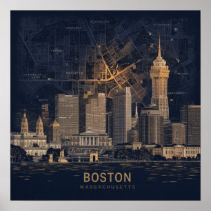Boston, Boston Massachusetts Stadssiluett Med Kart Poster