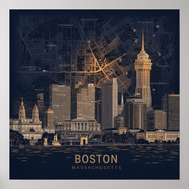 Boston, Boston Massachusetts Stadssiluett Med Kart Poster (Framsidan)
