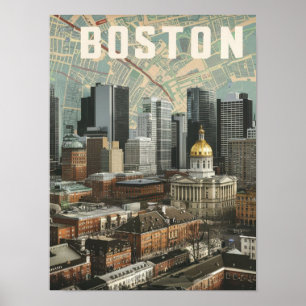 Boston, Boston Massachusetts Stadssiluett Med Kart Poster