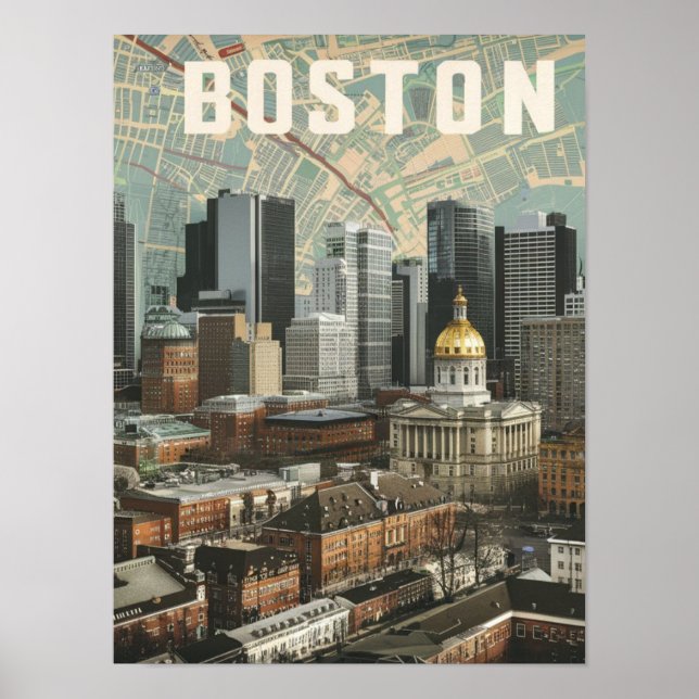 Boston, Boston Massachusetts Stadssiluett Med Kart Poster (Framsidan)