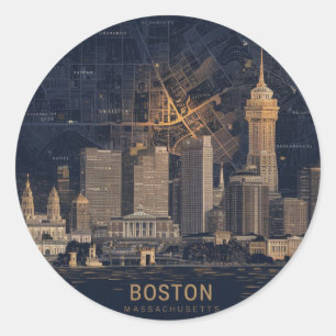 Boston, Boston Massachusetts Stadssiluett Med Kart Runt Klistermärke