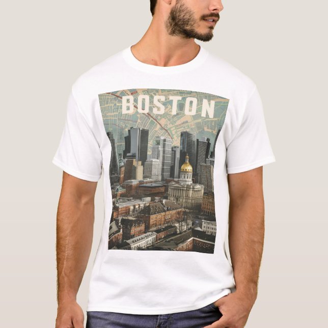 Boston, Boston Massachusetts Stadssiluett Med Kart T Shirt (Framsida)