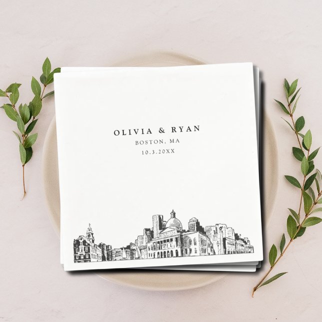 Boston Bröllop Cocktail Napkin Pappersservett (Boston wedding napkins with black and white skyline sketch personalized with your names and date )