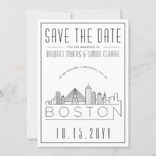 Boston Bröllop   Stiliserad Skyline Spara datum Inbjudningar