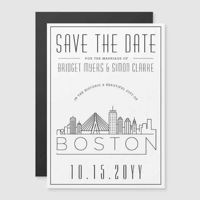 Boston Bröllop | Stiliserad Skyline Spara datum Magnetisk Inbjudningskort (Fram/baksida)
