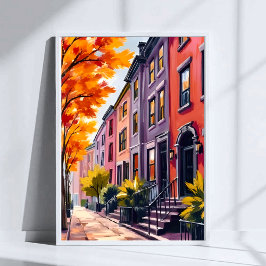 Boston Brownstones Akvarell Massachusetts Poster