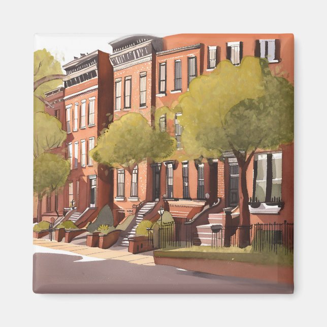 Boston Brownstones | Beacon Street Akvarell Magnet (Framsidan)