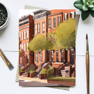 Boston Brownstones   Beacon Street Akvarell Vykort