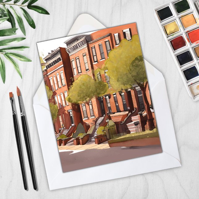 Boston Brownstones | Beacon Street Watercolor-kort (Skapare uppladdad)