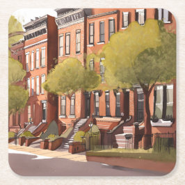 Boston Brownstones | Beacon Street Watercolor Underlägg Papper Kvadrat