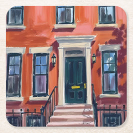 Boston Brownstones Massachusetts Akvarell Underlägg Papper Kvadrat
