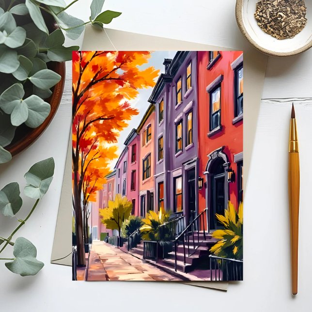 Boston Brownstones Watercolor Massachusetts Vykort (Skapare uppladdad)