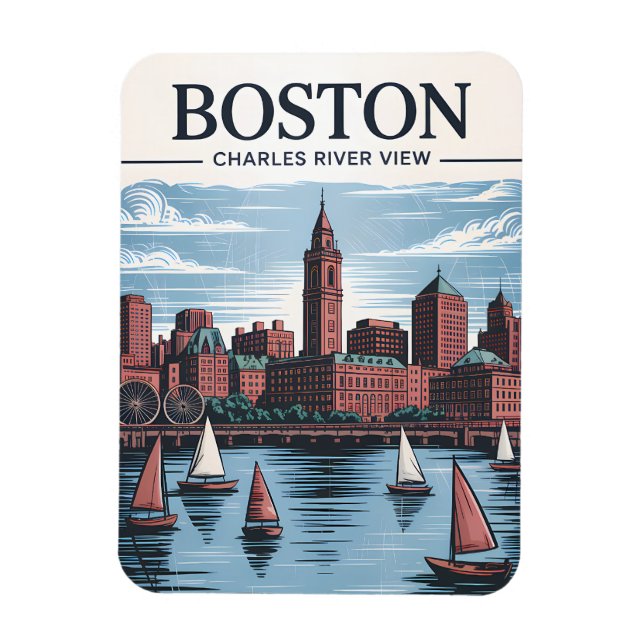 Boston Charles River Sailboat City Skyline Travel Magnet (Vertikal)