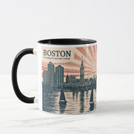 Boston Charles River Sailboat Skyline Art Vintage Mugg