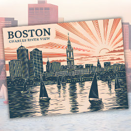 Boston Charles River Segelbåtar Silhuett Konst Vin Vykort