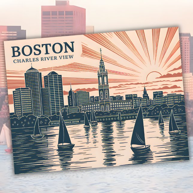 Boston Charles River Segelbåtar Silhuett Konst Vin Vykort (Boston Charles River Sailboats Skyline Art Vintage Postcard)