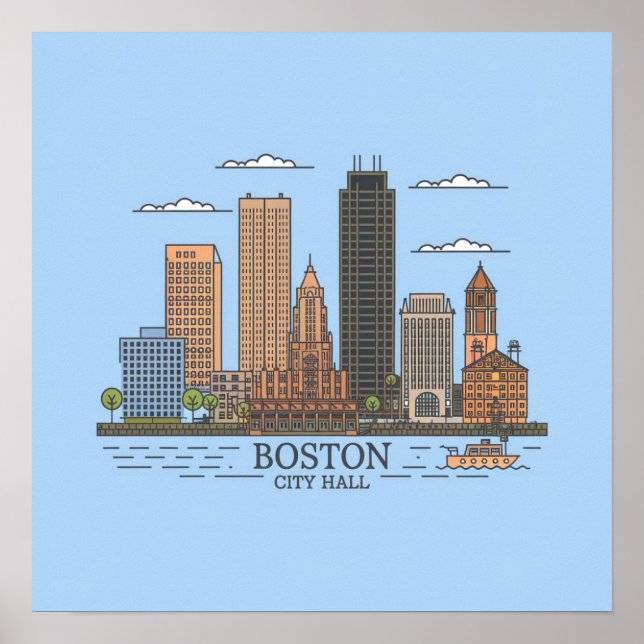 Boston City Skyline, boston ma siluett Poster (Framsidan)