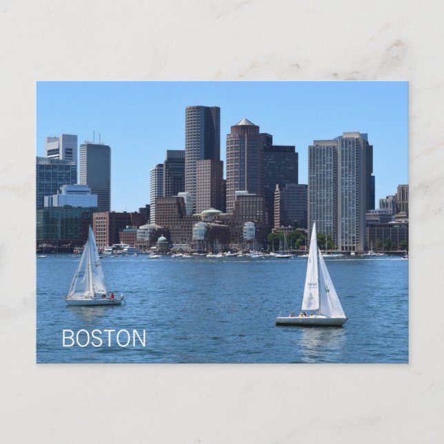 Boston City Skyline Sailing Boats Harbor Travel Vykort (Framsida)