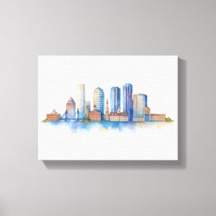 Boston City Skyline Vattenfärg   Modern Boston MA  Canvastryck