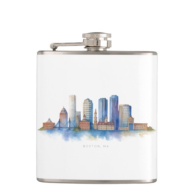 Boston City Skyline Vattenfärg | Modern Boston MA  Fickplunta (Framsidan)