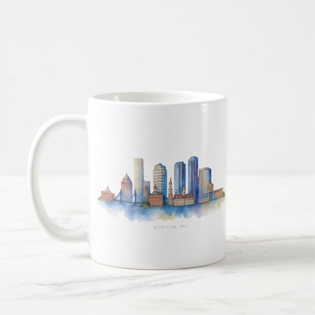 Boston City Skyline Vattenfärg | Modern Boston MA  Kaffemugg (Vänster)