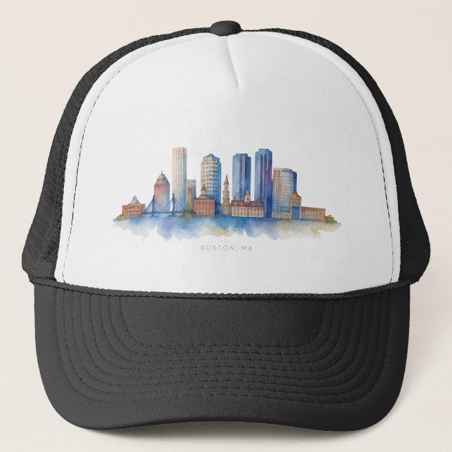 Boston City Skyline Vattenfärg | Modern Boston MA  Keps (Framsida)