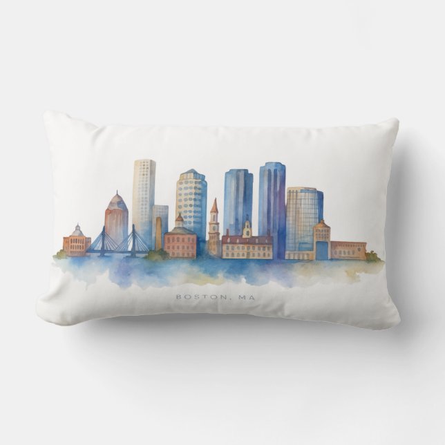 Boston City Skyline Vattenfärg | Modern Boston MA  Lumbarkudde (Framsida)