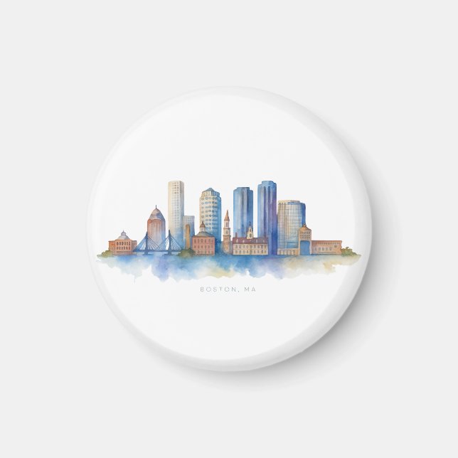 Boston City Skyline Vattenfärg | Modern Boston MA  Magnet (Framsidan)
